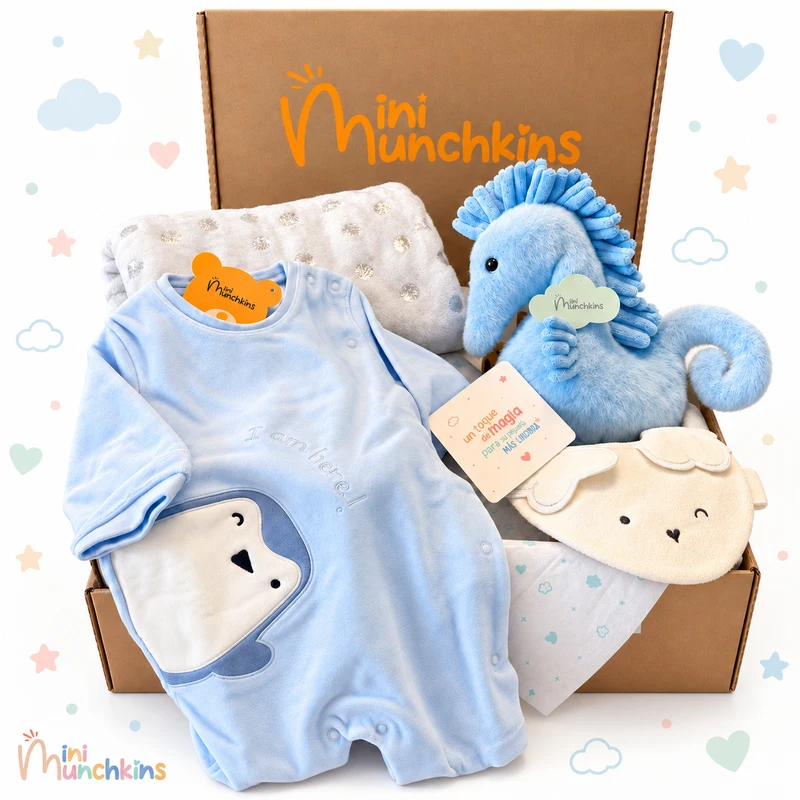Set azul con pingüino · fotografía del catálogo de Mini Munchkins