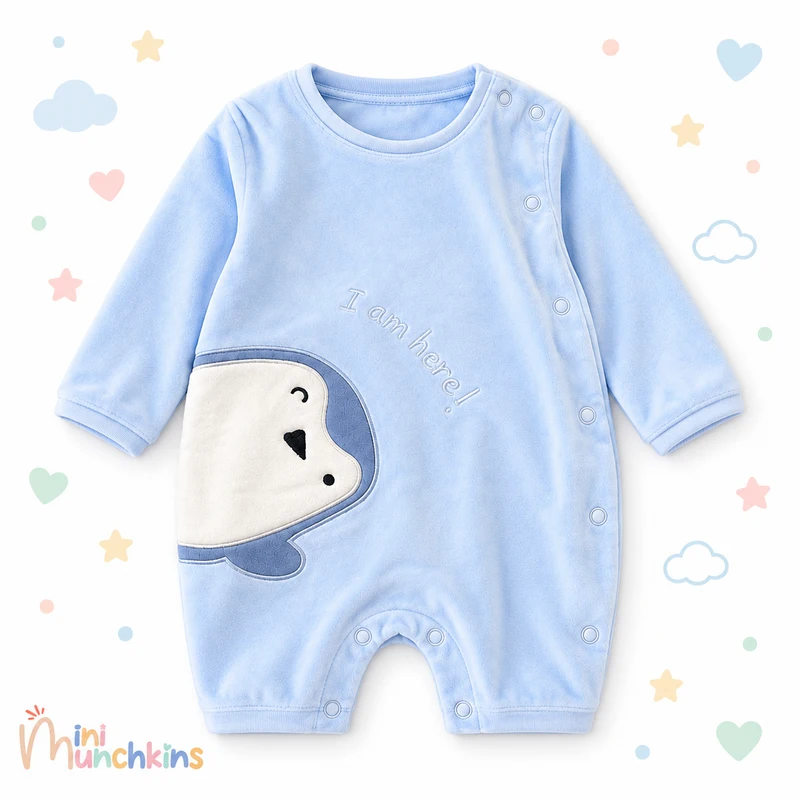 Pelele azul con pingüino · fotografía del catálogo de Mini Munchkins